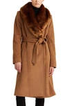 Lauren Ralph Lauren Wool Blend Belted Wrap Coat With Faux Fur Collar In New Vicuna