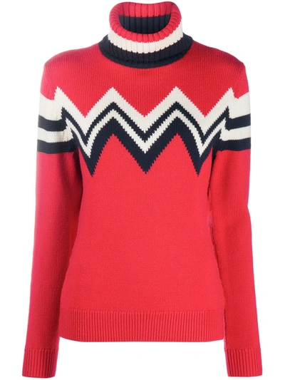 Perfect Moment Chevron-striped Merino-wool Roll-neck Jumper In Red