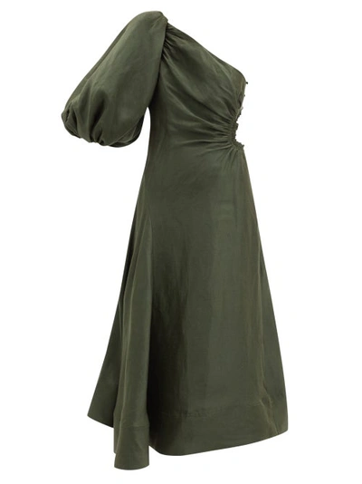 Aje Women's Concept Asymmetric Cutout Silk-linen Maxi Dress In Green,white