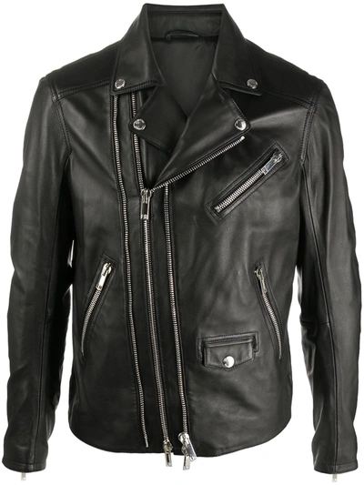 Les Hommes Zip-up Leather Biker Jacket In Black
