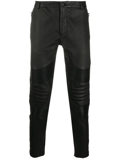 Les Hommes Fitted Leather Biker Trousers In Black