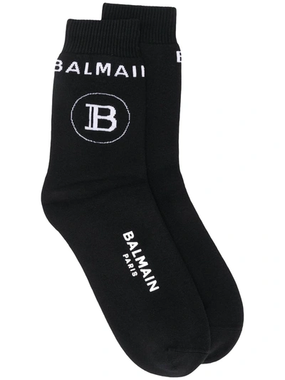 Balmain Logo Print Ankle Socks In Black