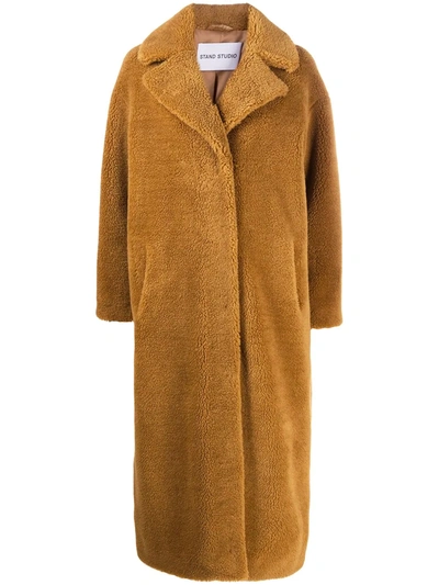Stand Studio Single Breasted Long Teddy Coat In Brown