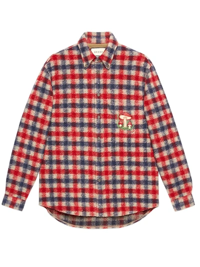 Gucci Mushroom-embroidered Check Wool-blend Overshirt In Blue