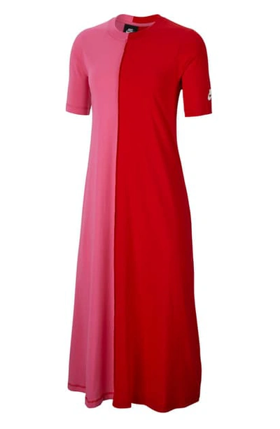 Nike Sportswear Organic Cotton Short Sleeve Midi Dress In University Red/ Pinksicle