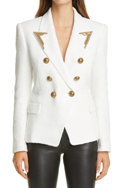 Balmain Embellished Lapel Double Breasted Tweed Blazer In Blanc