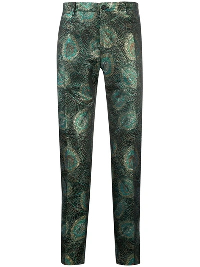 Dolce & Gabbana Metallic Peacock Print Tailored Trousers In Multicolor