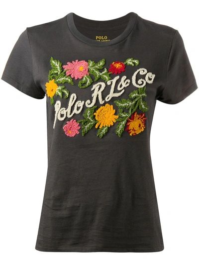 Polo Ralph Lauren Embroidered Floral Logo T-shirt In Black
