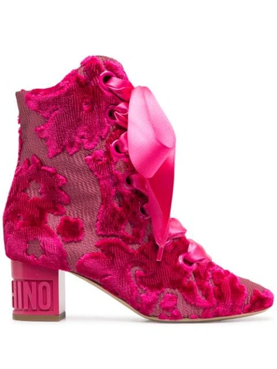 Moschino Patterned Jacquard Lace-up Booties In Pink