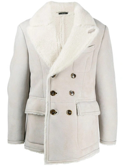 Tom Ford Double-breasted Shearling Peacoat In Grey