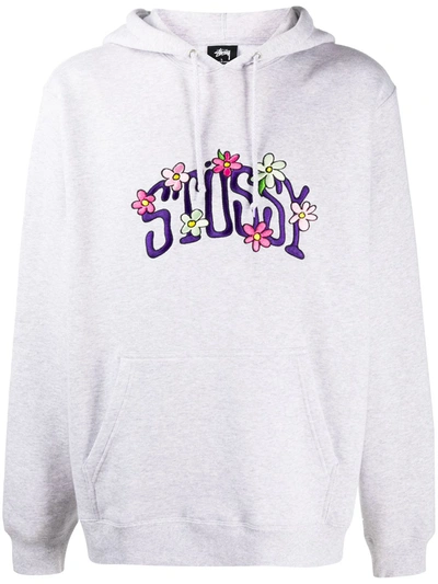 Stussy Floral Logo Print Hoodie In Grey