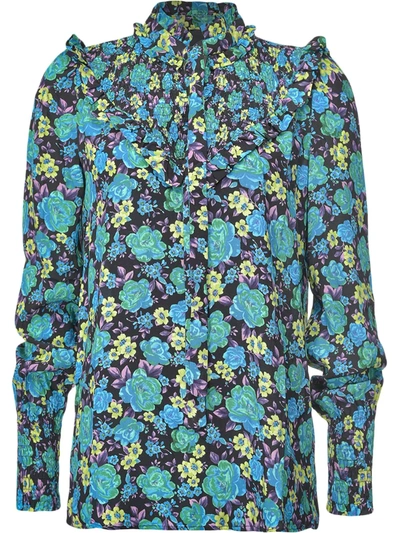 Pinko Floral-print Ruffle-trim Shirt In Blue