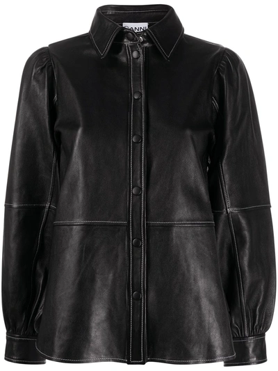 Ganni Classic Collar Lambskin Shirt In Black