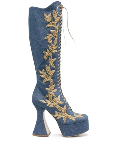 Moschino Leaf Embroidered High Denim Boots In Blue