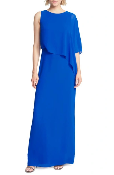 Halston Heritage One-shoulder Asymmetrical Overlay Gown In Lapis