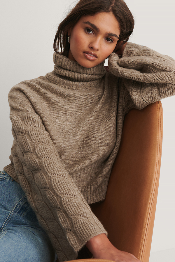 Na-kd Wide Sleeve High Neck Knitted Sweater - Beige | ModeSens