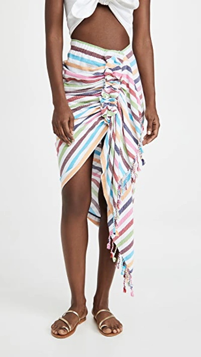Just Bee Queen Tulum Cotton Striped Asymmetric Skirt In Rainbow