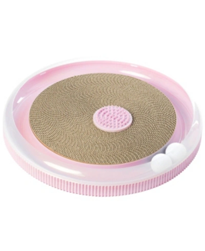 Pawsmark 4 In 1 Interactive Round Cat Scratcher With Lounge, Toy And Brush In Pink