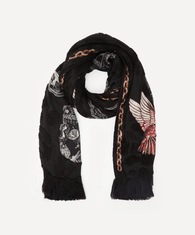 Alexander Mcqueen Hummingbird Skeleton Wool-blend Fil Coupe Scarf In Black/ivory