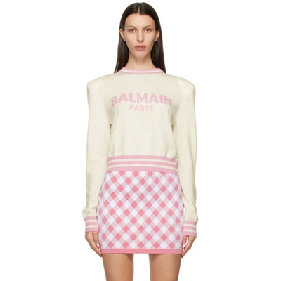 Balmain Intarsia Logo Wool & Cashmere Blend Crop Sweater In Gan Wh/rose