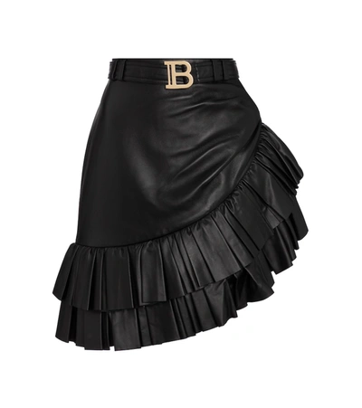 Balmain Women's Asymmetric Ruffled Leather Skirt In Black