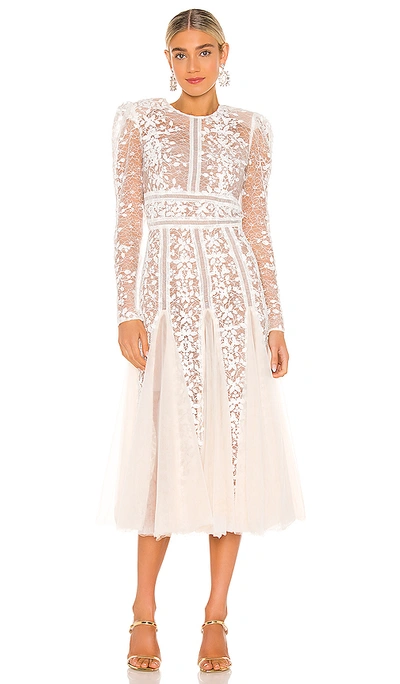 Bronx And Banco Megan Long-sleeve Lace Overlay Midi Godet Dress In White