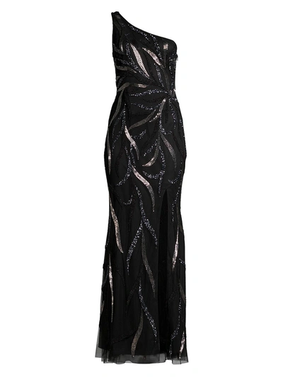 Aidan Mattox Beaded One-shoulder Keyhole Column Gown In Black