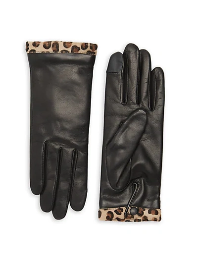 Agnelle Edith Leopard-print Calf Hair Trimmed Leather Gloves In Noir