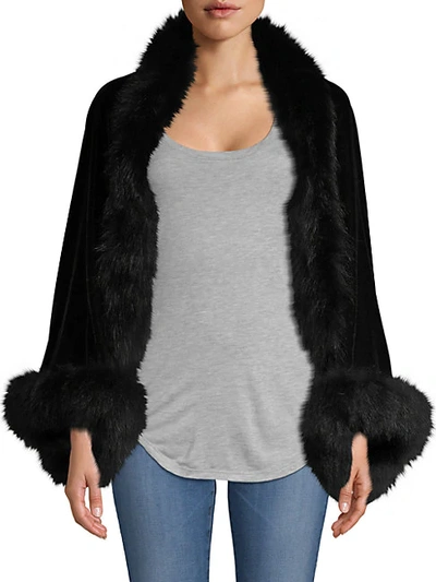 Adrienne Landau Fox Fur-trim Long-sleeve Velvet Shrug In Black