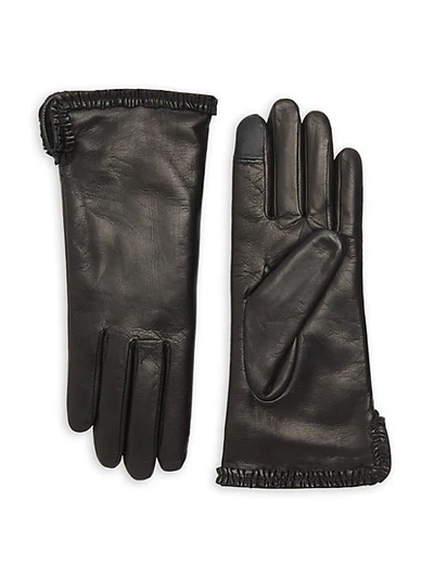 Agnelle Brune Small Ruffle Rabbit Fur-lined Leather Gloves In Noir