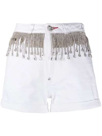 Philipp Plein Crystal Fringe-embellished Denim Shorts In White