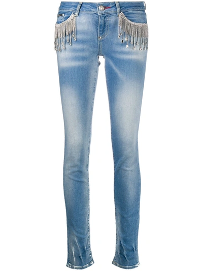 Philipp Plein Crystal-fringe Slim-fit Jeans In Blue