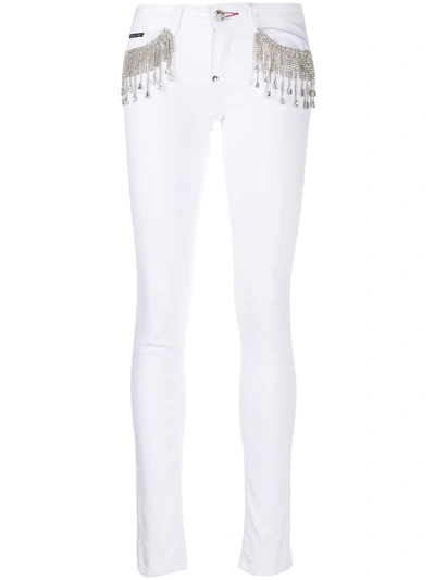 Philipp Plein Crystal-fringe Slim-fit Jeans In White