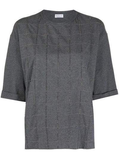 Brunello Cucinelli Rhinestone-embellished Check T-shirt In Grey