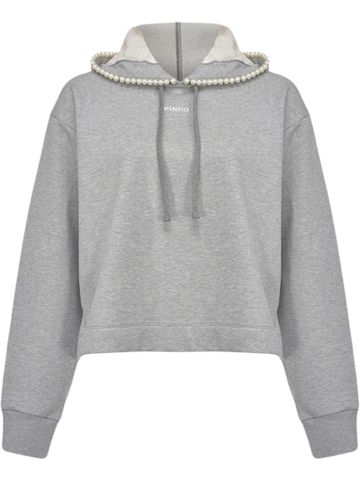 Pinko Pearl-embellsihed Logo Hoodie In Grey