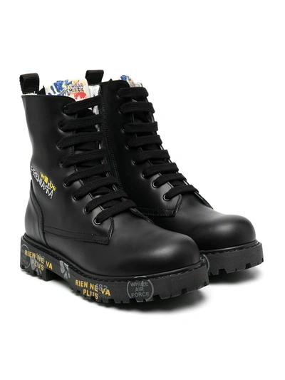 Premiata Kids' Lace-up Embroidered Logo Boots In Black