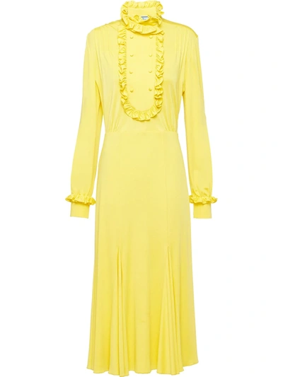 Prada Ruffle-trim Organzine Midi-dress In Yellow