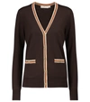 Tory Burch Madeline Wool V-neck Button-front Cardigan W/ Contrast Trim In Brown,orange,beige