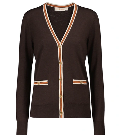 Tory Burch Madeline Wool V-neck Button-front Cardigan W/ Contrast Trim In Brown,orange,beige