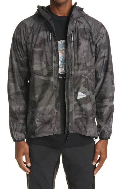 And Wander Reflective Camo Print Water Repellent Jacket In Black