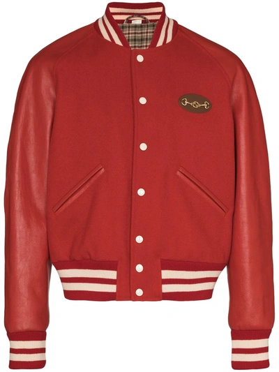Gucci Horsebit Leather Sleeve Wool Varsity Bomber Jacket In Red