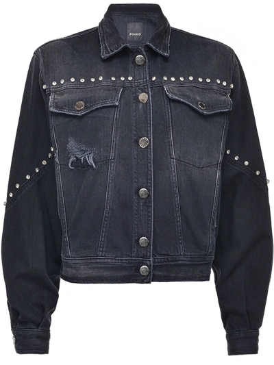 Pinko Crystal Detail Ripped Denim Jacket In Black