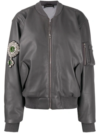 David Koma Embellished Leather Bomber Jacket In Grey