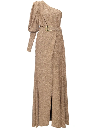 Patbo Lurex One-shoulder Belted Maxi Dress In Gold
