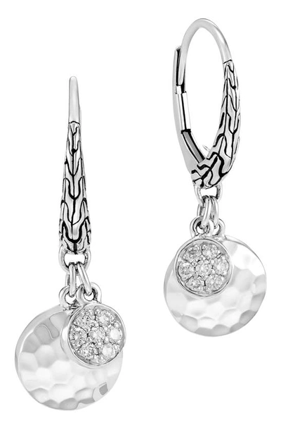 John Hardy Dot Hammered Silver Diamond Pave Drop Earrings In Diamond/ Silver