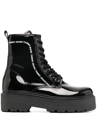 Tommy Jeans Platform Logo Print Boots In Black