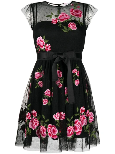 Red Valentino Rose-embroidered Dress In Black