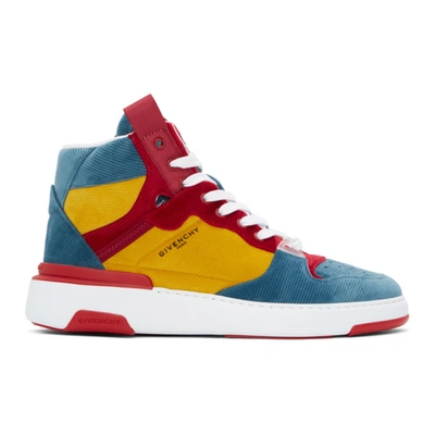 Givenchy Blue & Yellow Ribbed Velvet Three-toned Wing Sneakers In 969-blue/ye