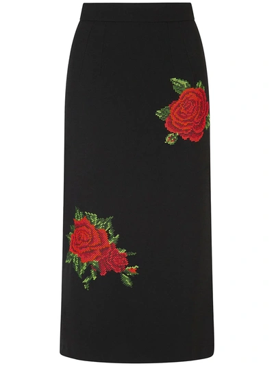 Dolce & Gabbana Rose Embroidered A-line Crepe Skirt In Black