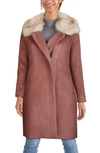 Cole Haan Faux Fur Trim Wool Blend Coat In Peony